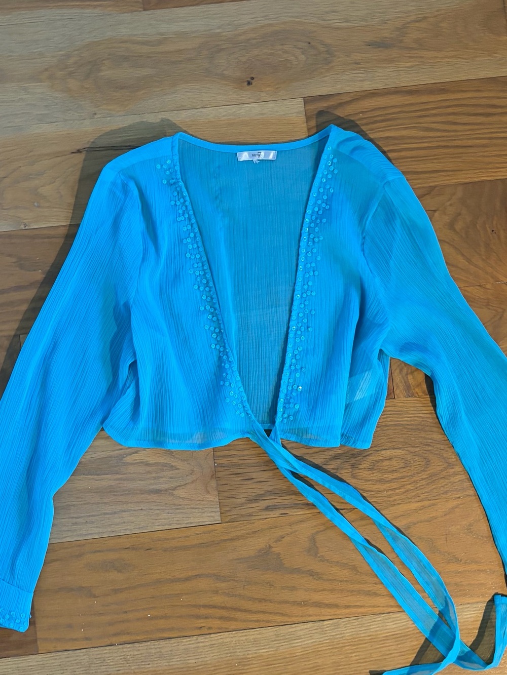 Bright Turquoise Sequins Tie-Front Cropped Women's Top